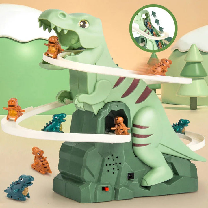 Green dinosaur track playset with winding cream rails and small orange and blue dinosaur figures