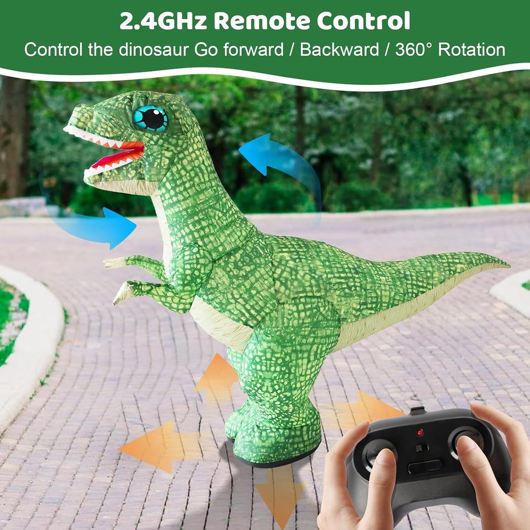 Green inflatable dinosaur on a paved path with directional arrows and a 2.4 GHz remote-control label.