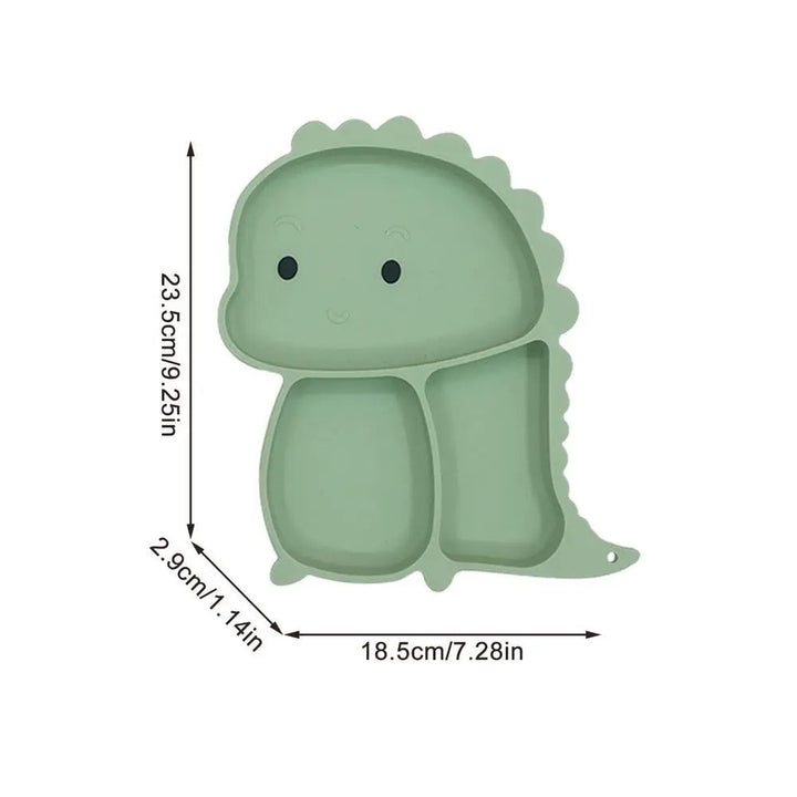 Green divided dinosaur plate with height, width, and depth measurements