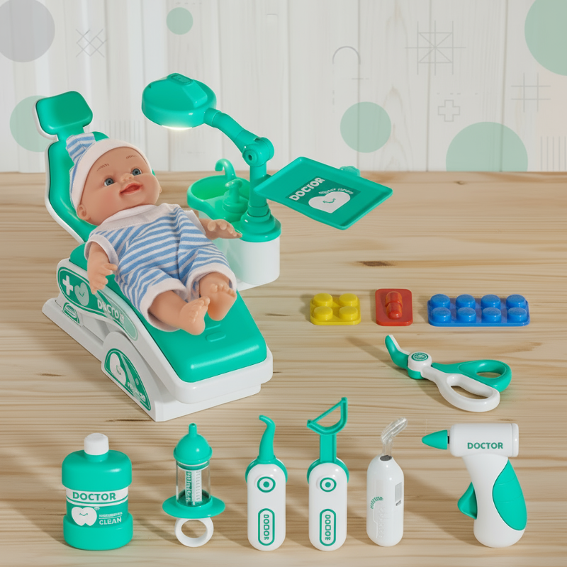 Green-and-white doctor and dentist play set with doll, chair, and pretend medical tools