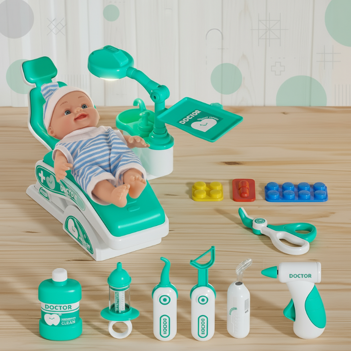 Green-and-white doctor and dentist play set with doll, chair, and pretend medical tools