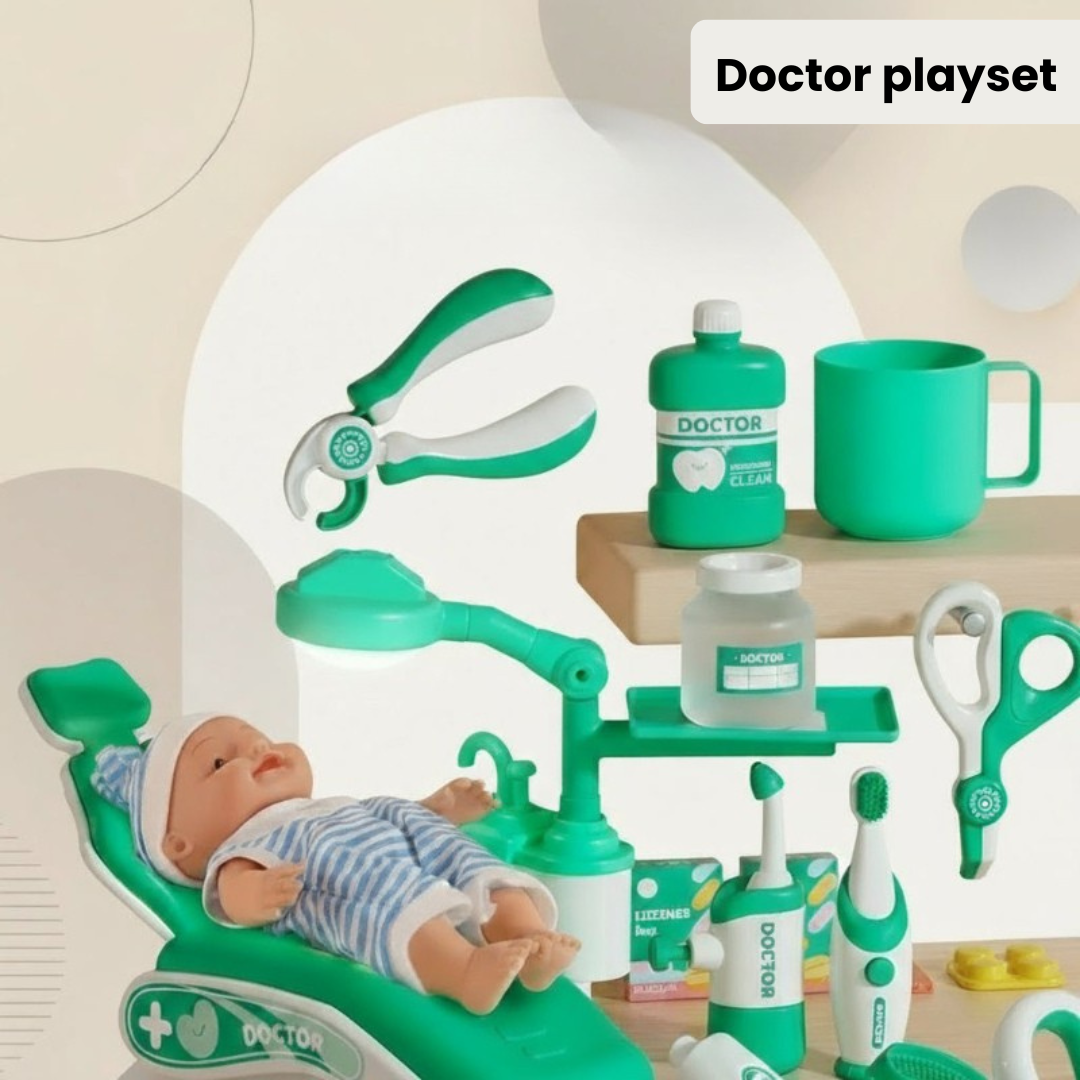Green doctor play set with doll, chair, toy forceps, bottles, and cup