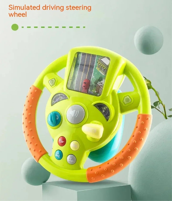 Green steering wheel toy with orange textured grips, displayed on a pale green pedestal