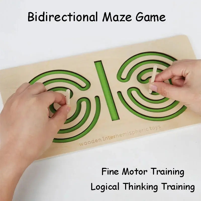 Green wooden board with two spiral mazes being traced with wooden styluses