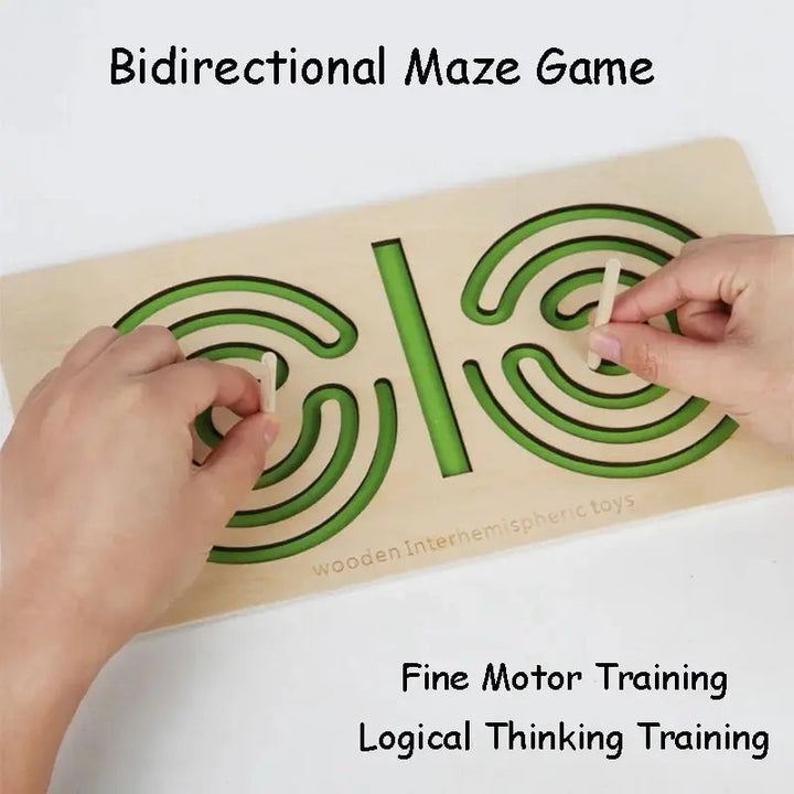 Green wooden board with two spiral mazes being traced with wooden styluses