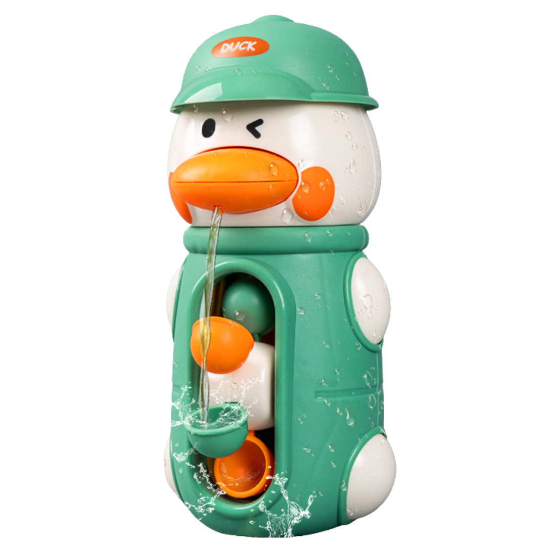 Green duck bath toy with an orange beak and colorful spinning cups