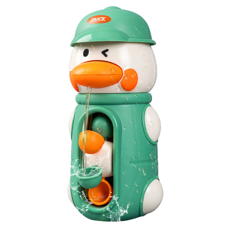 Green duck bath toy with an orange beak and colorful spinning cups