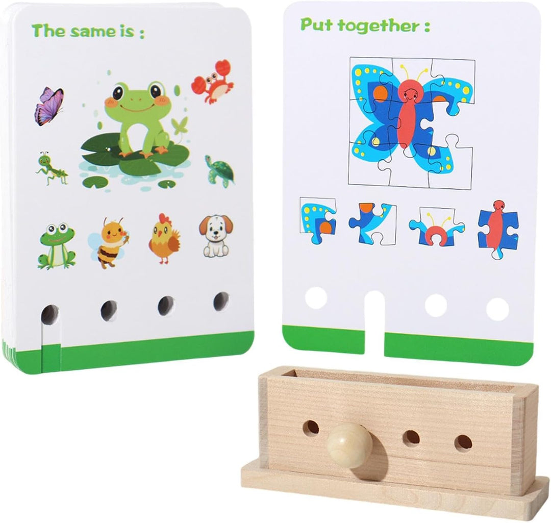 Green-edged frog and butterfly question cards with a wooden puzzle base and answer peg