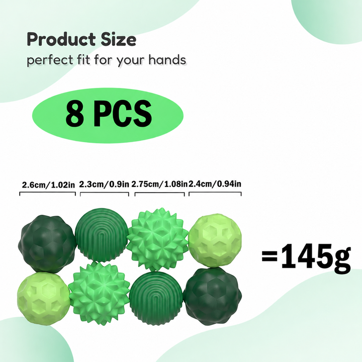 Eight green magnetic silicone balls in four textures, with diameter measurements and a 145 g set weight
