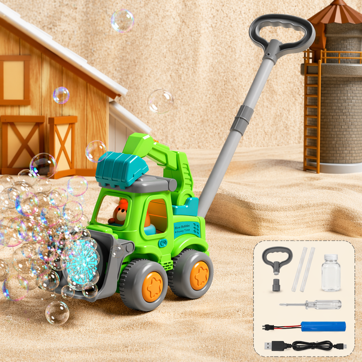 Green excavator bubble push cart with gray handle, front bubble outlet and accessory inset.