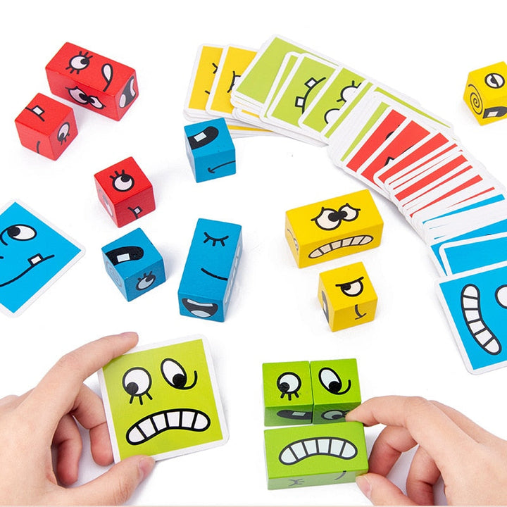 Hands matching green face blocks to a card beside red, blue, and yellow pieces