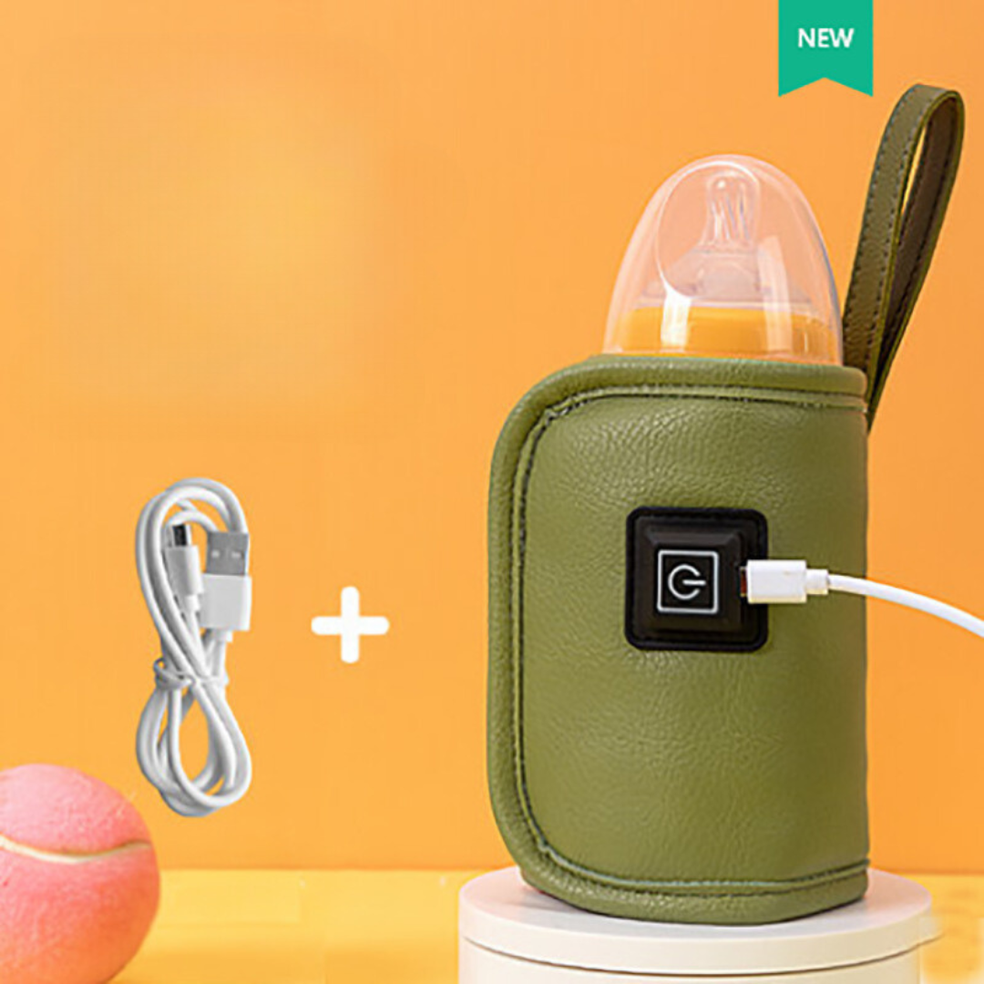 Green PU faux-leather bottle warmer holding a capped bottle beside a USB cable.