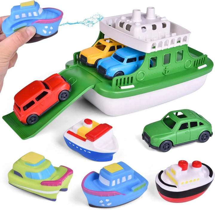 Green toy ferry with four cars, colorful boats, and a hand spraying water from a blue boat
