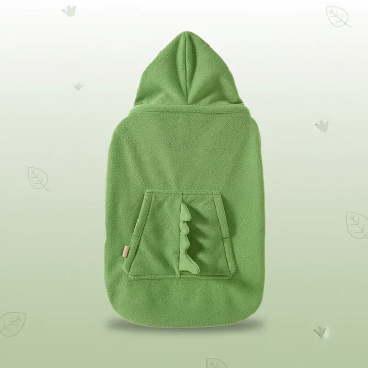 Green fleece dinosaur cover with a pointed hood, front pocket and raised fabric spikes