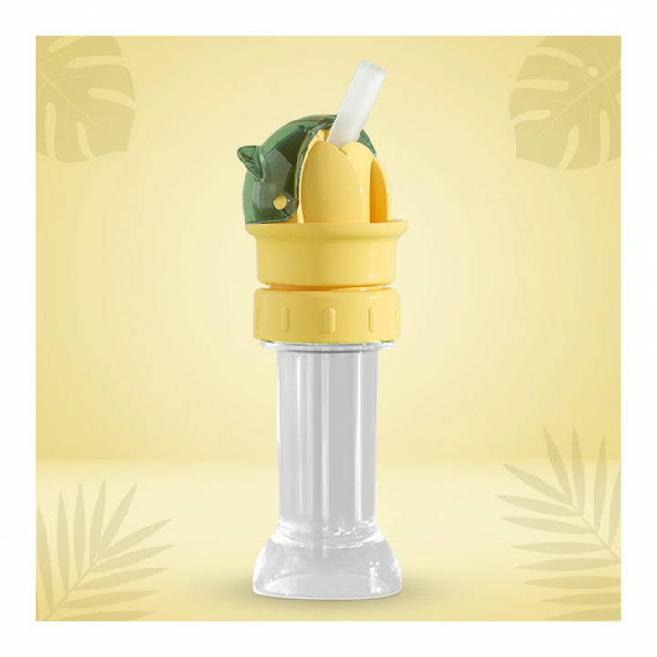 Green flip-top straw cap with a yellow body and clear storage case.