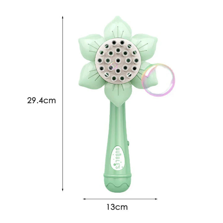 Green flower-shaped bubble blower with measurements of 29.4 cm tall and 13 cm wide
