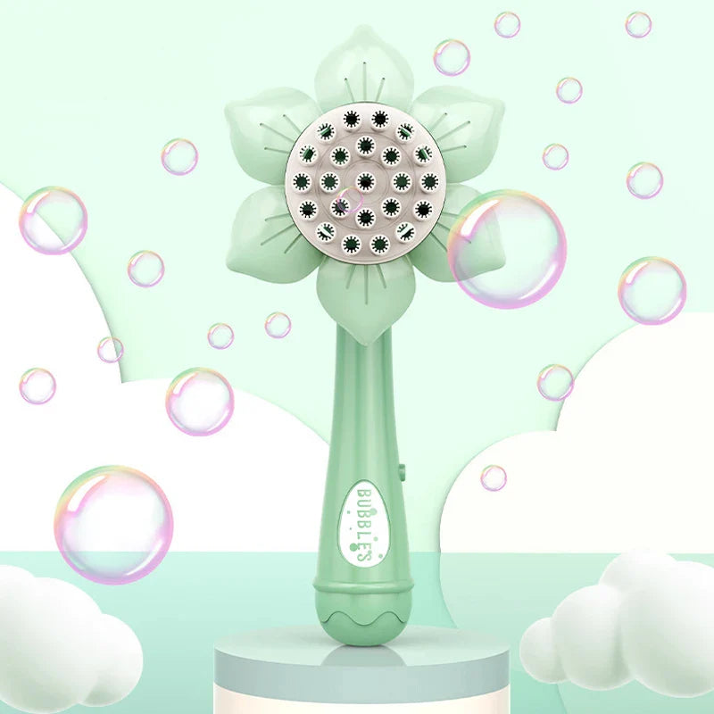 Green flower-shaped bubble blower with a round, multi-opening head