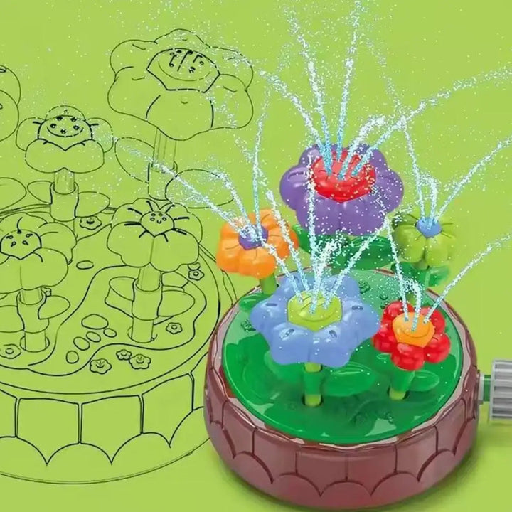 Green flower sprinkler spraying water beside a line drawing of the toy