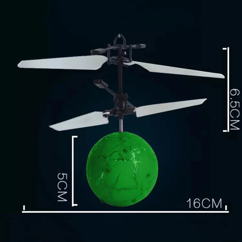 Green flying-ball size diagram showing a 16 cm span, 5 cm ball height, and 6.5 cm rotor section