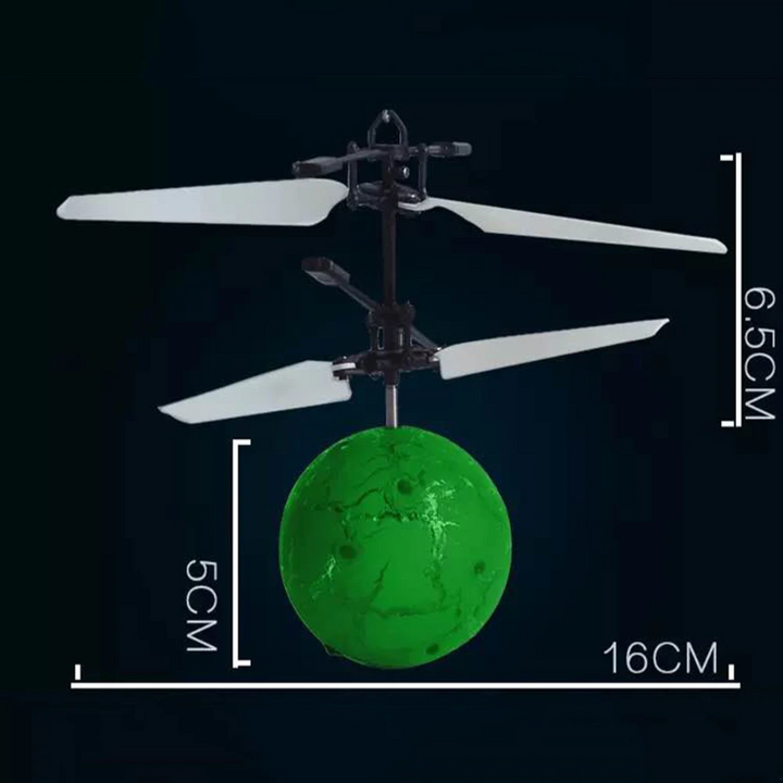 Green flying-ball size diagram showing a 16 cm span, 5 cm ball height, and 6.5 cm rotor section
