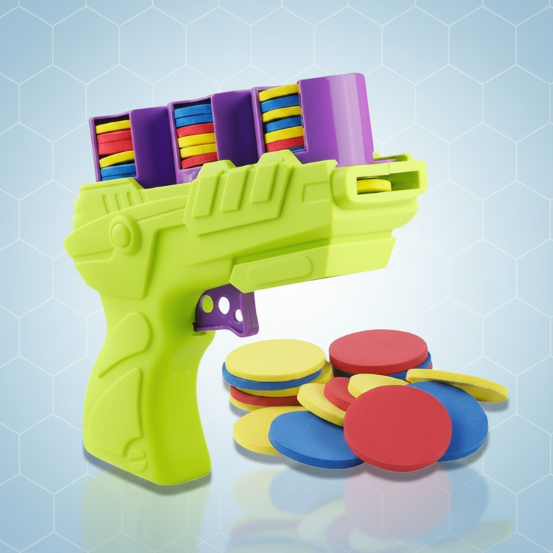Green foam disc blaster with purple loading compartments and colorful discs