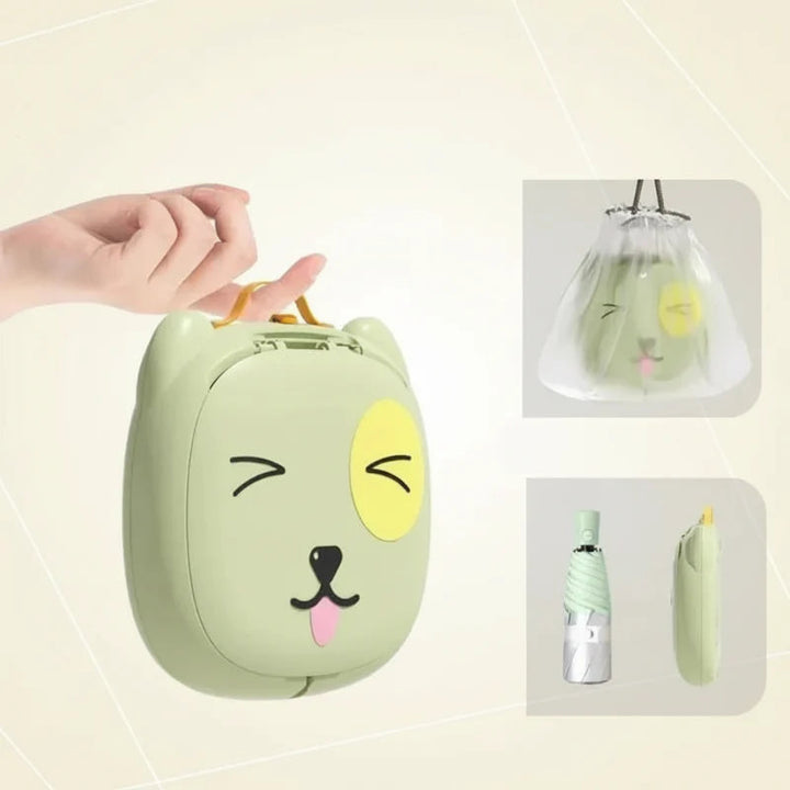 Folded green potty carried by its handle, with a bag-storage view and slim side profile