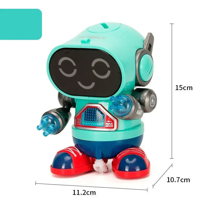 Green footed toy robot with a smiling face and labeled dimensions