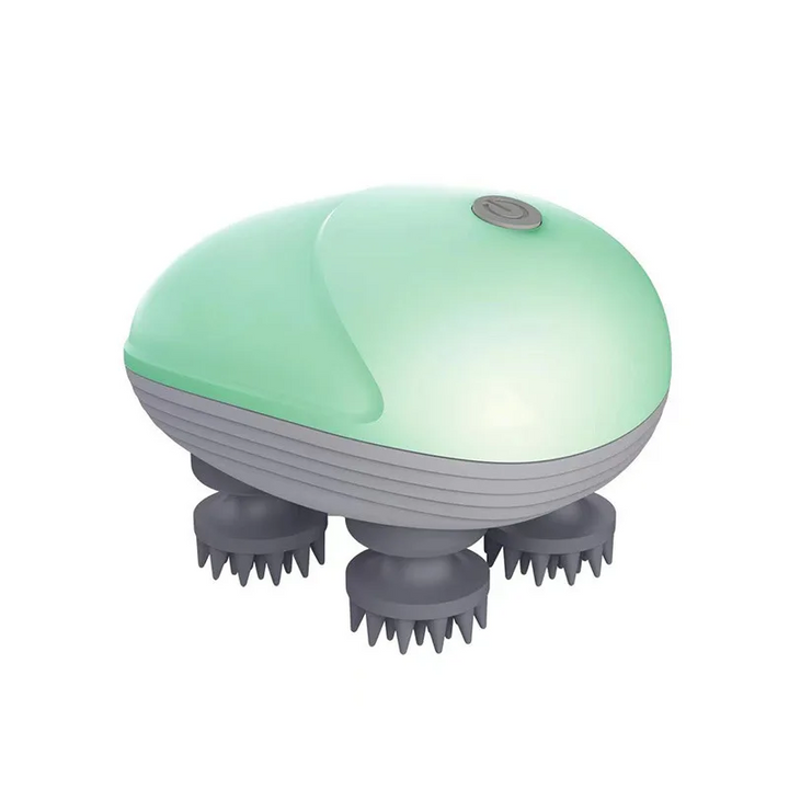 Green head massager with a top button and four gray silicone massage heads.