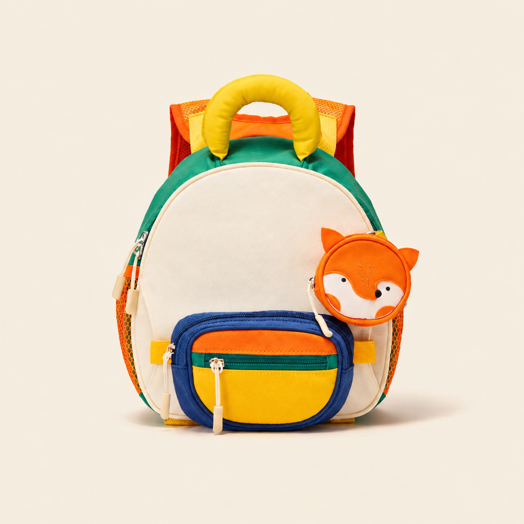Cream and green backpack with a fox pouch, yellow handle and blue-trimmed front pocket