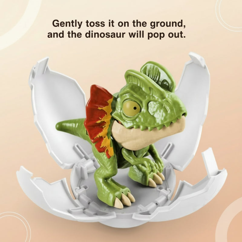 Green frilled dinosaur figure inside an unfolded white egg shell