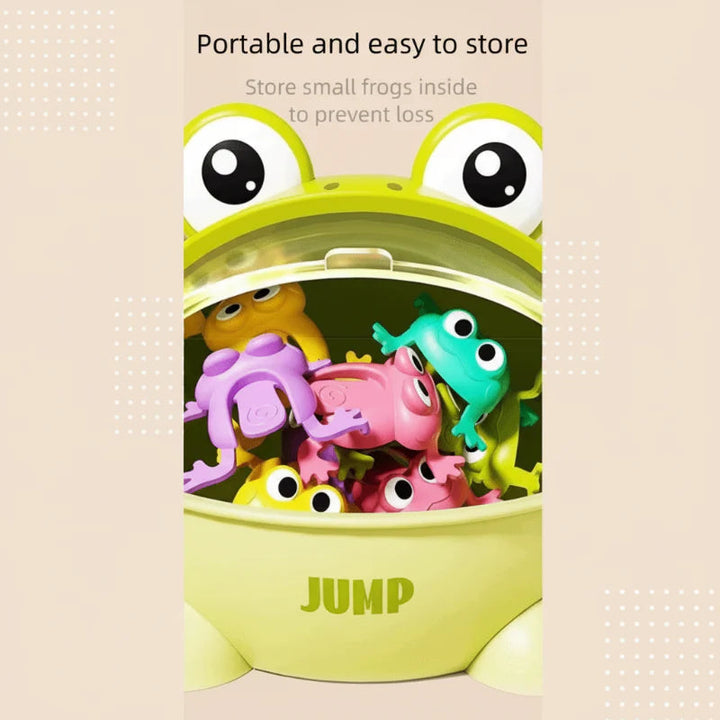 Colorful small frogs stored inside a green frog-shaped carry case.