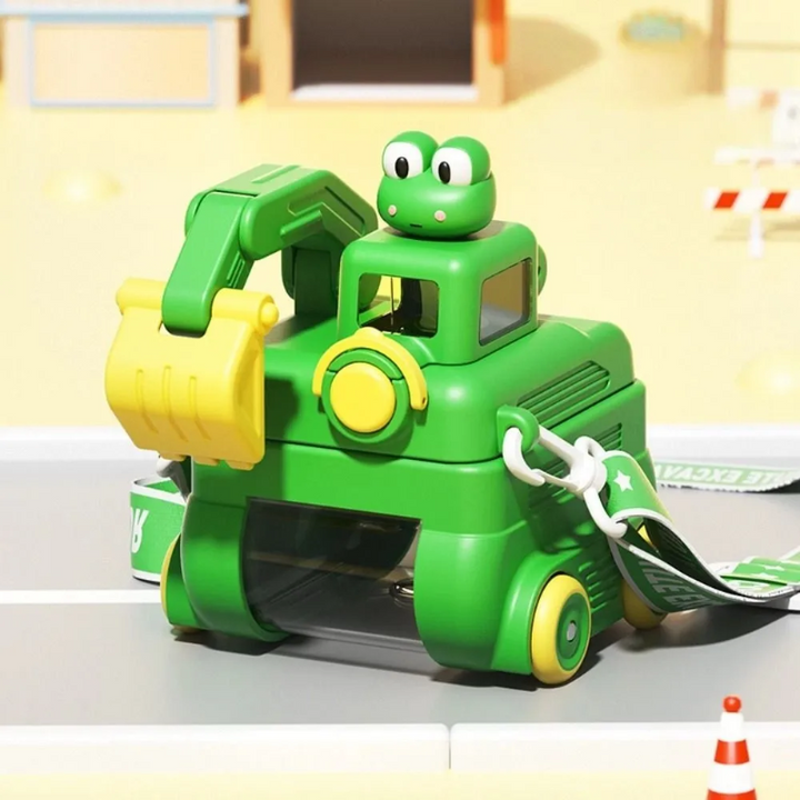 Green excavator water bottle with a frog topper, yellow scoop, and carrying strap