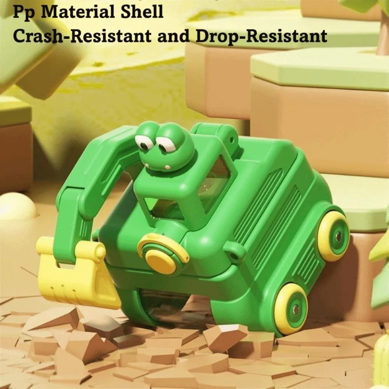 Green frog excavator water bottle showing its molded plastic shell and wheels