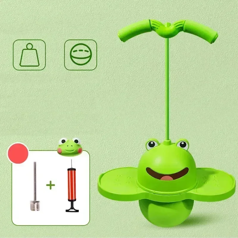 Green frog pogo stick with a hand pump and inflation attachment shown in an inset.
