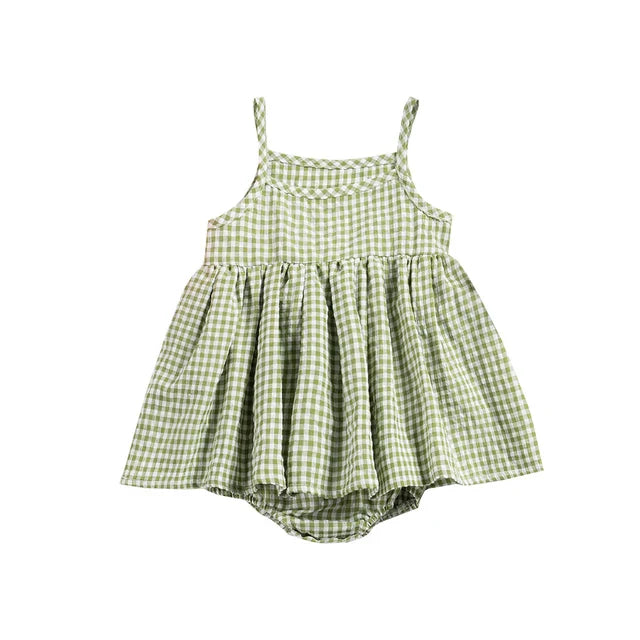 Green and white gingham baby dress romper with a gathered skirt and attached romper bottom