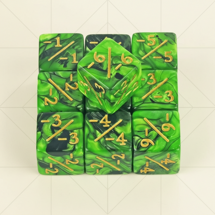 Green swirled counter dice with gold-colored negative values