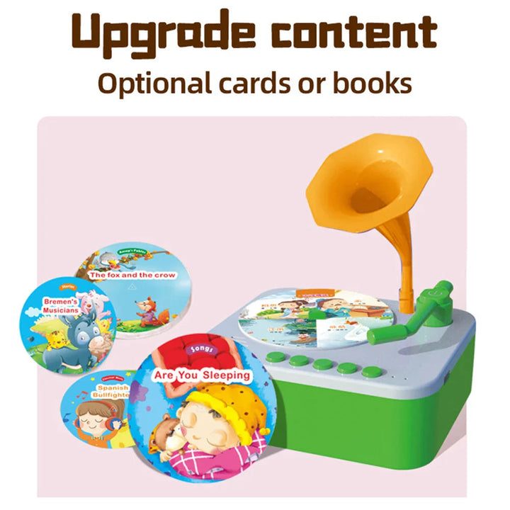 Green toy gramophone surrounded by illustrated round story and song cards