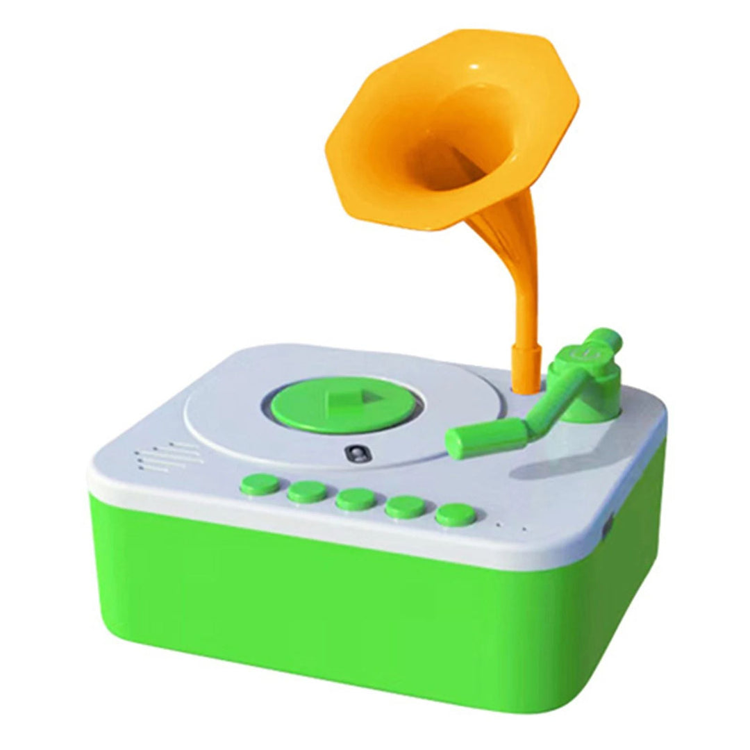 Green toy gramophone with a gray top, orange horn, and green tonearm