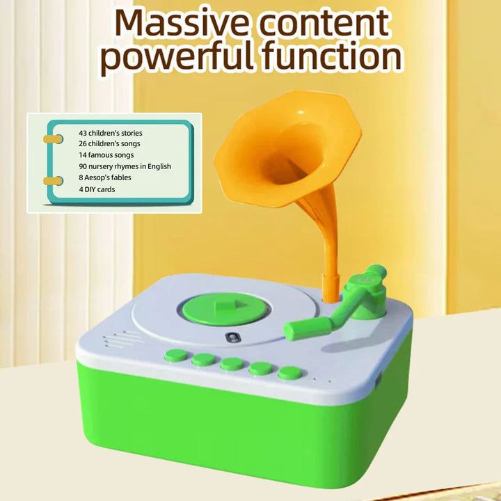 Green toy gramophone with an orange horn beside a list of story and music content