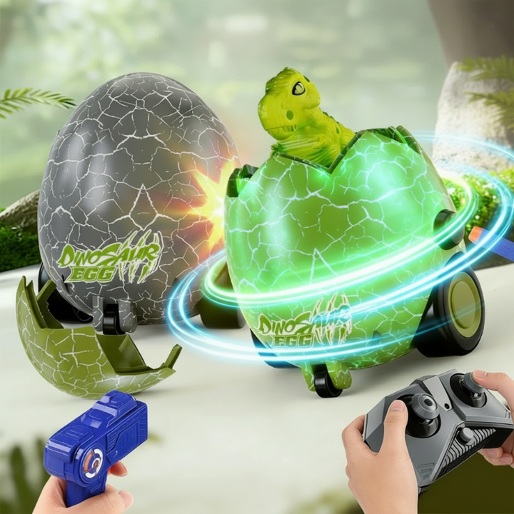 Green and gray RC dinosaur egg cars with a handheld remote and foam dart blaster