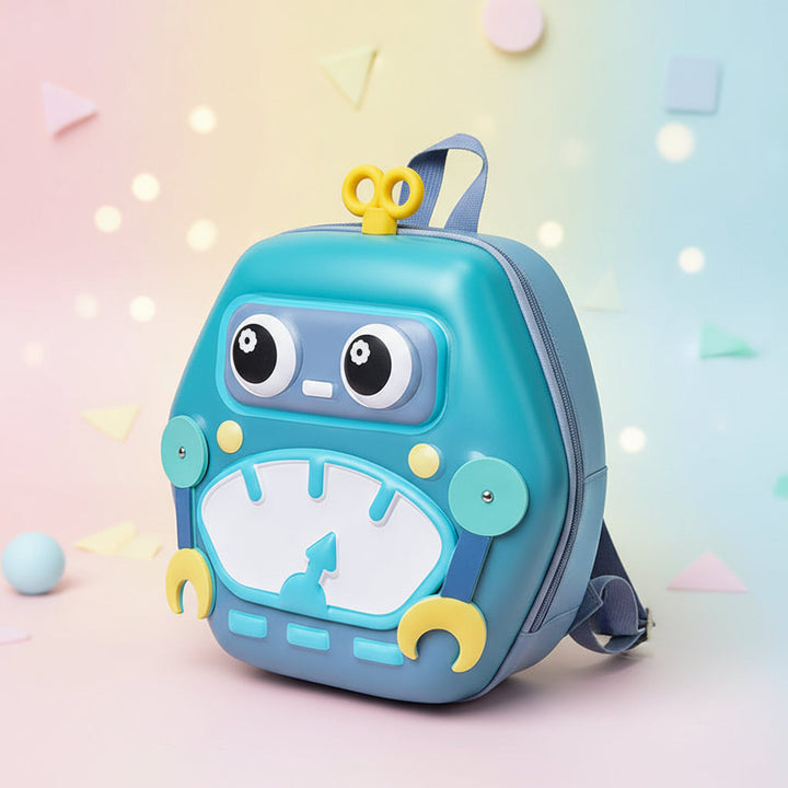 Angled view of green and gray robot backpack showing its front, side, and carry loop