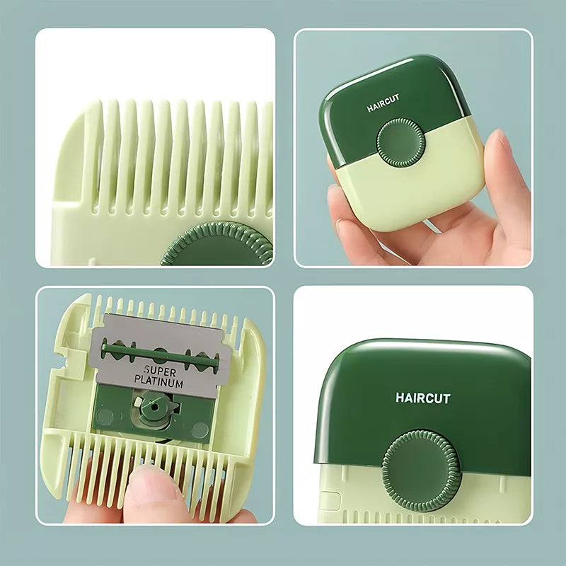 Green hair trimmer details showing comb teeth, a handheld view, and the blade compartment