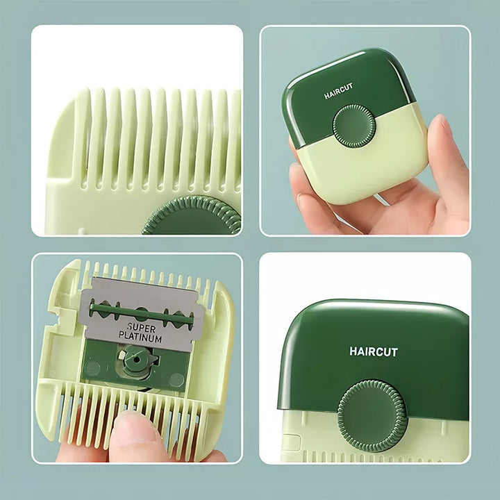 Green hair trimmer details showing comb teeth, a handheld view, and the blade compartment