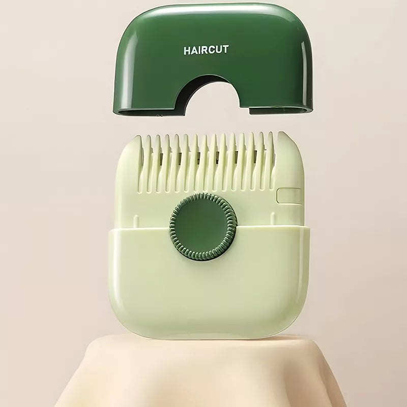 Green hair trimmer with its dark green cover removed to show the comb teeth