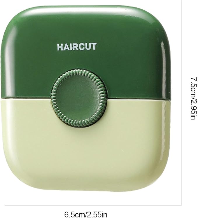 Green hair trimmer measurement graphic showing a 6.5 cm width and 7.5 cm height