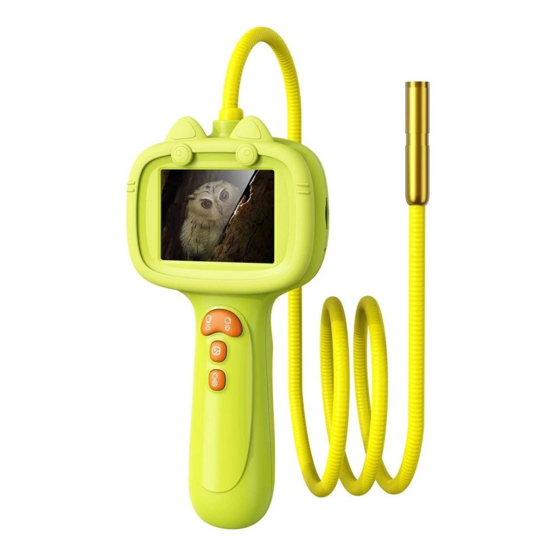 Green handheld endoscope with a yellow flexible camera cable and a bird displayed on its screen