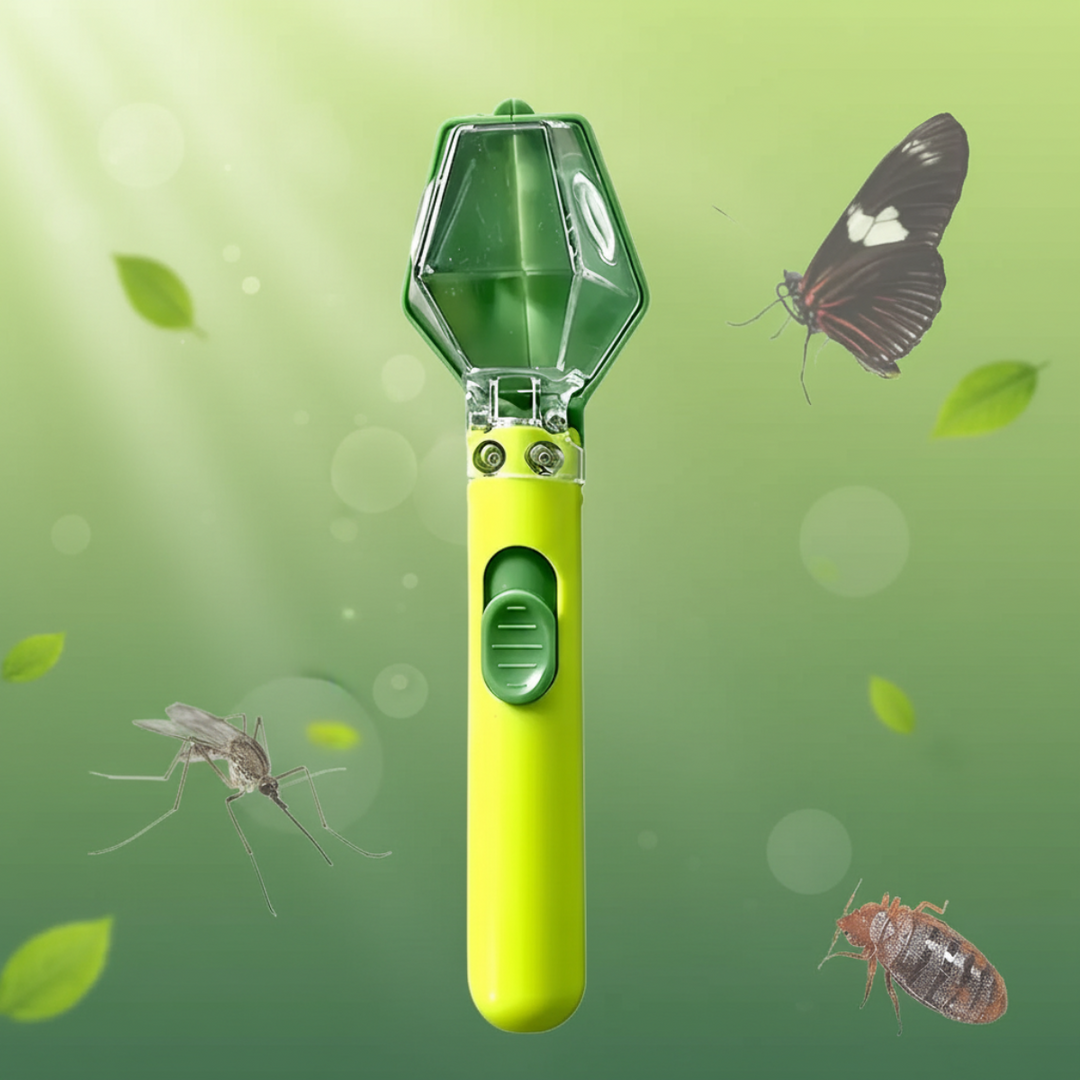 Green insect catcher with a transparent viewing chamber and green thumb slider