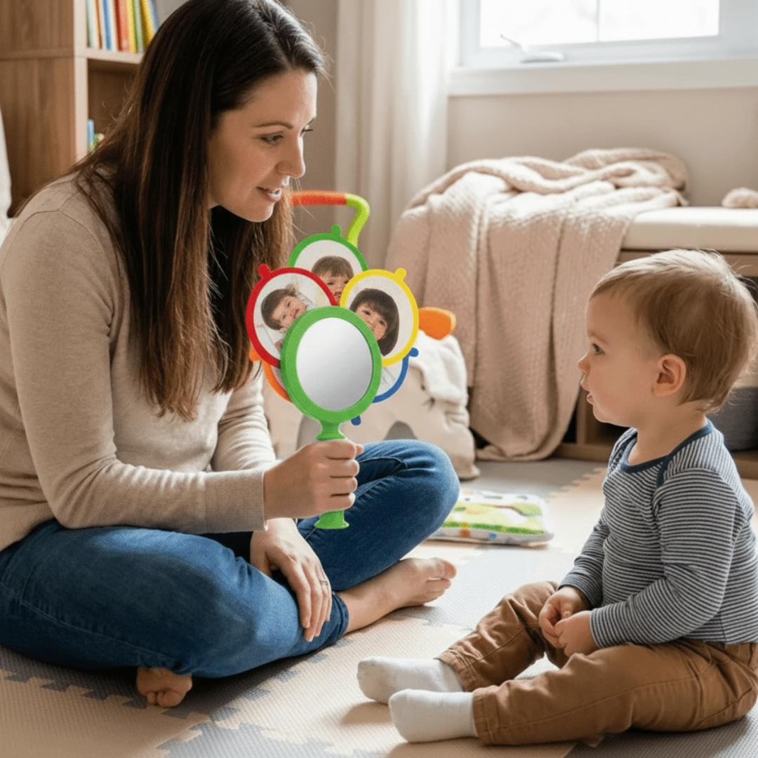 Adult and child sitting on the floor with a green-handled expression mirror
