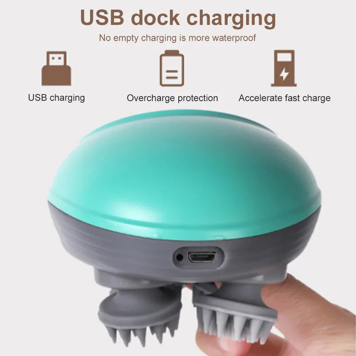 Green head massager showing its USB charging port and rounded massage heads.