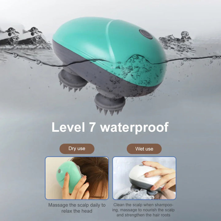 Green head massager shown with water and examples of dry and wet scalp use.